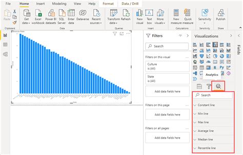 It is worth noting that not all options are available for all visuals, and some visuals, such as combination charts like the line and clustered column chart, have no options available. . Power bi analytics pane not available